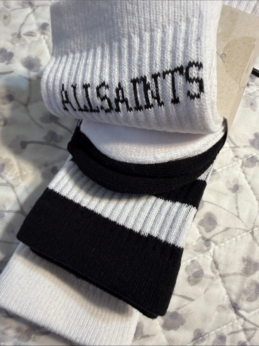 AllSaints White Crew Socks with Black Logo Accents - 3 Pack - Picture 4 of 5